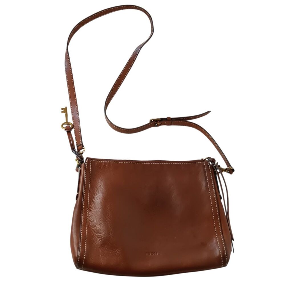 Fossil Brown Leather Ryder Satchel Purse Handbag  Size Medium With Gold Key